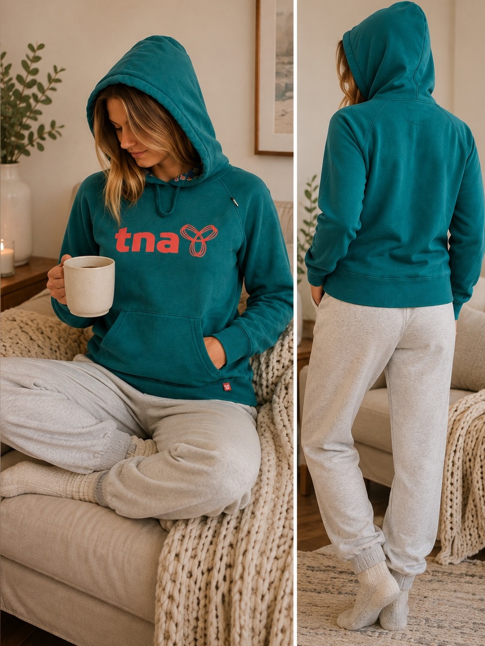 Teal TNA pullover hoodie featuring a pink logo - small